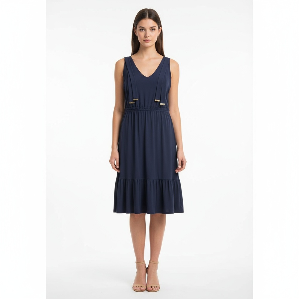 MICHAEL KORS Dress Womens Navy V Neck Sleeveless Gathered Waist Chic Modern